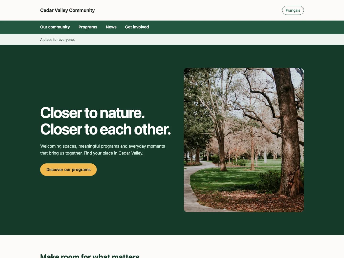 Preview of the General Organization template with demo content